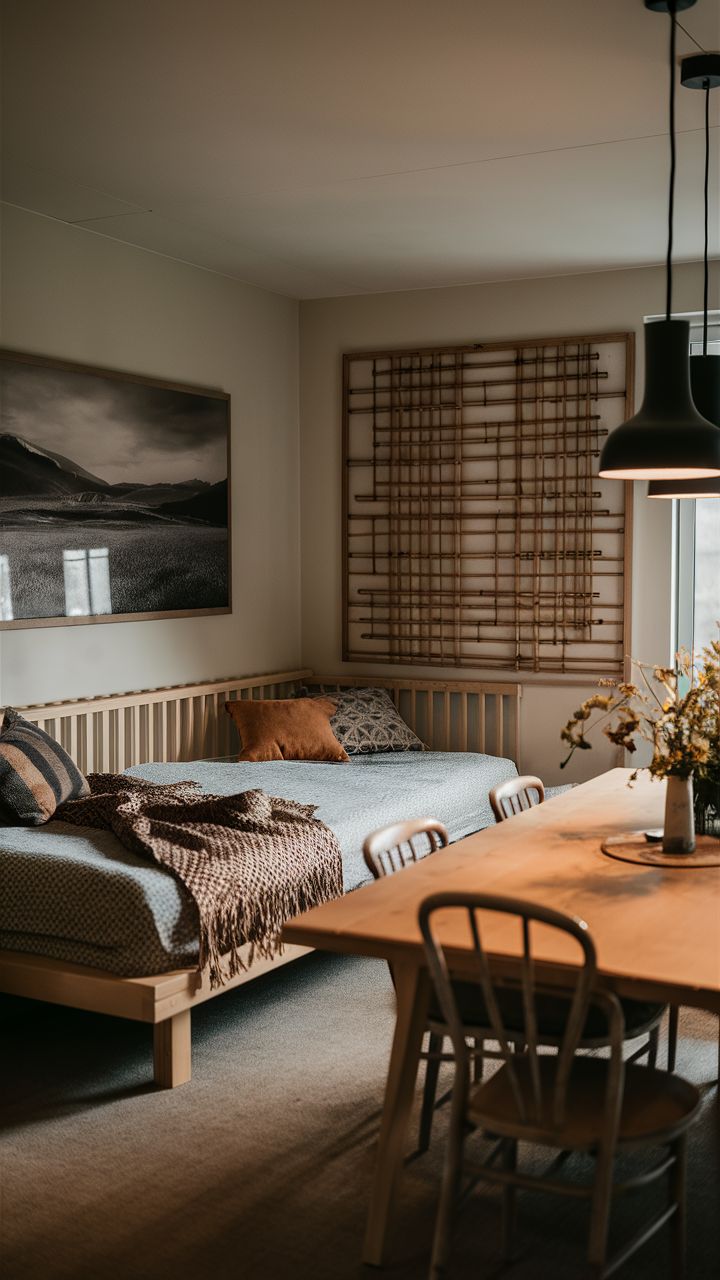 a bed sitting next to a wooden table in a room with two lamps hanging from the ceiling