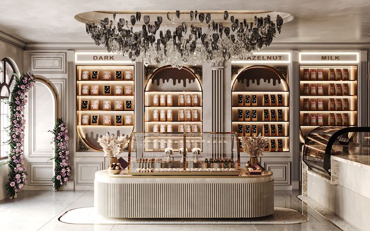 a fancy store with chandelier and shelves full of bottles