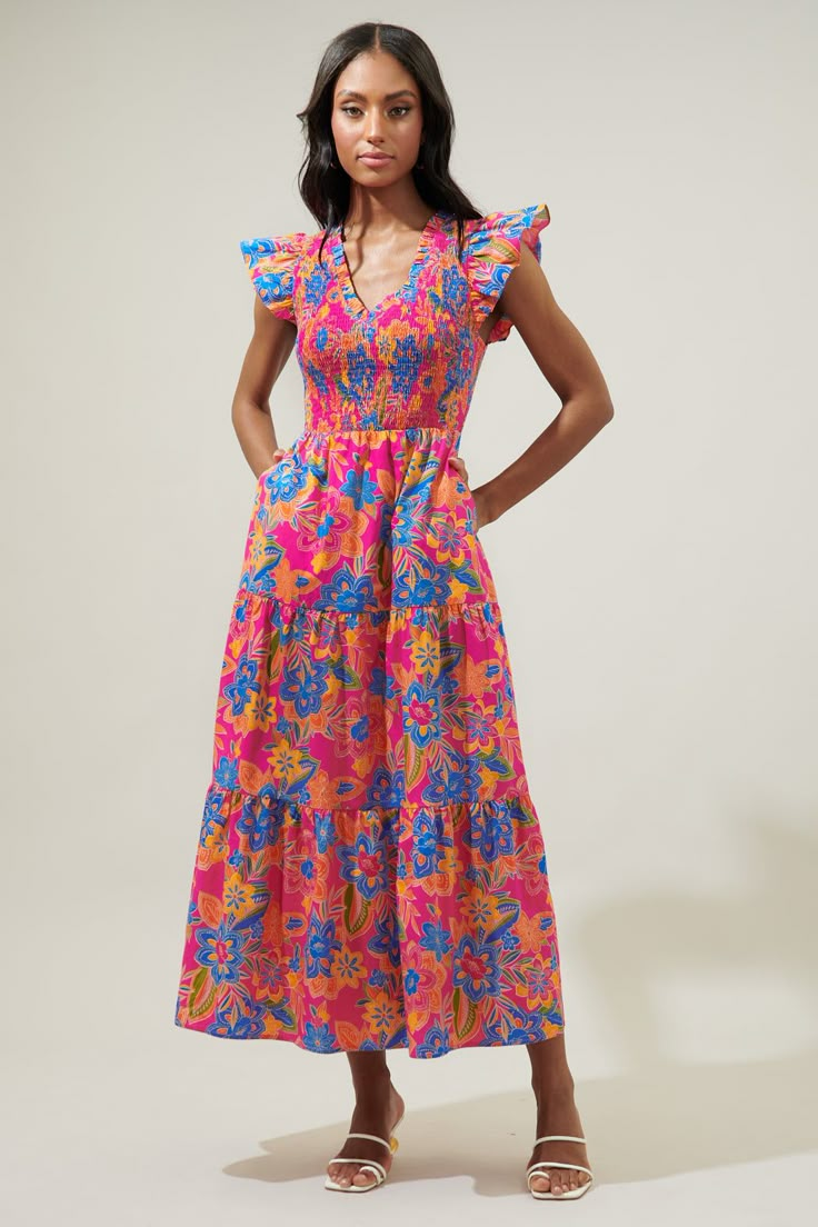 Ranchero Floral Sunfire Smocked Bodice Tiered Midi Dress – Sugarlips Summer Dress Floral Prints, Bright Print Dress, Bright Dresses, Casual Midi Dresses, Colorful Midi Dress, Multicolor Floral Dress, Cotton Floral Dress, Bright Floral Dress, Short Frocks