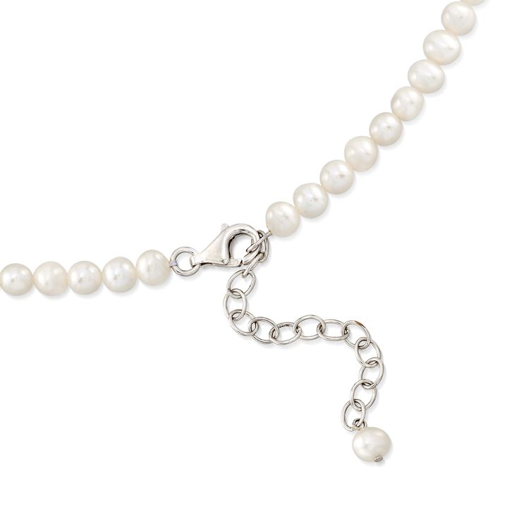 Ross-Simons - 5-11.5mm Graduated Cultured Pearl Necklace, .24ct t. w. Diamonds, Silver. 16". The classic pearl necklace ? now dressed with diamonds! Lustrous 5-11.5mm cultured oval freshwater pearls combine with nearly a quarter carat diamond rondelles for an exceptionally elegant look. The exquisite strand graduates to a single impressive 11.5mm pearl. This necklace, exclusively ours, evokes a classic feel with a hint of drama. Graduates from 3/16" to 3/8" wide. Diamonds total .24 carats. Inclu Elegant Pearl Necklace With Lobster Clasp For Anniversary, Classic Sterling Silver Pearl Necklace With Charm, Classic Sterling Silver Single Strand Pearl Necklace, Classic Single Strand Sterling Silver Pearl Necklace, Anniversary Pearl Jewelry With Sterling Silver Clasp, Wedding Pearl Necklace With Lobster Clasp, Classic Pearl Necklace, June Birthday, Pearl Birthstone