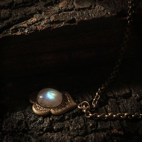 Mara  Antique Rainbow Moonstone Necklace Moonstone by OnlySonum Spiritual Moonstone Pendant Jewelry, Gold Moonstone Necklace As Gift, Gold Moonstone Necklace For Gift, Gold Moonstone Pendant Necklace, Mystical Gold Engraved Necklace, Mystical Engraved Gold Necklace, Gold Moon-shaped Festival Jewelry, Spiritual Moonstone Pendant Necklace, Vintage Gold Moonstone Jewelry