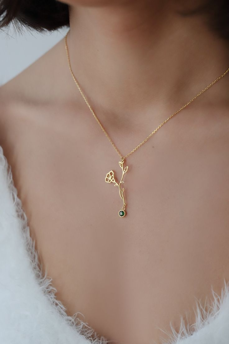 "I N F O R M A T I O N  *925 Sterling Silver Solid,  *14k Solid Gold *14k Solid White Gold  *14k Solid Rose Gold * All our jewelry is custom made high quality and care in our workshop *All necklaces come with 2 inches extender except 14K Gold options.  *The necklace can be customized  Birth flower necklace is a wonderful and unique gift idea to show the important people in your life with a cute, dainty, and creative gift.   * Birth Flower Necklace with a birthstone  necklaces are the perfect gif Dainty Flower-shaped Birthstone Jewelry, Elegant Birth Flower Jewelry For Mother's Day, Elegant Mother's Day Jewelry With Birth Flower, Elegant Gold Birthstone Necklace For Birthday, Delicate Birthstone Flower Pendant Jewelry, Delicate Flower Pendant Birthstone Jewelry, Gold Flower Necklace For May Birthstone, Yellow Gold Flower Jewelry For May Birthstone, Elegant Sterling Silver Birth Flower Jewelry