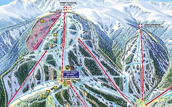 a map of the ski area in the mountains