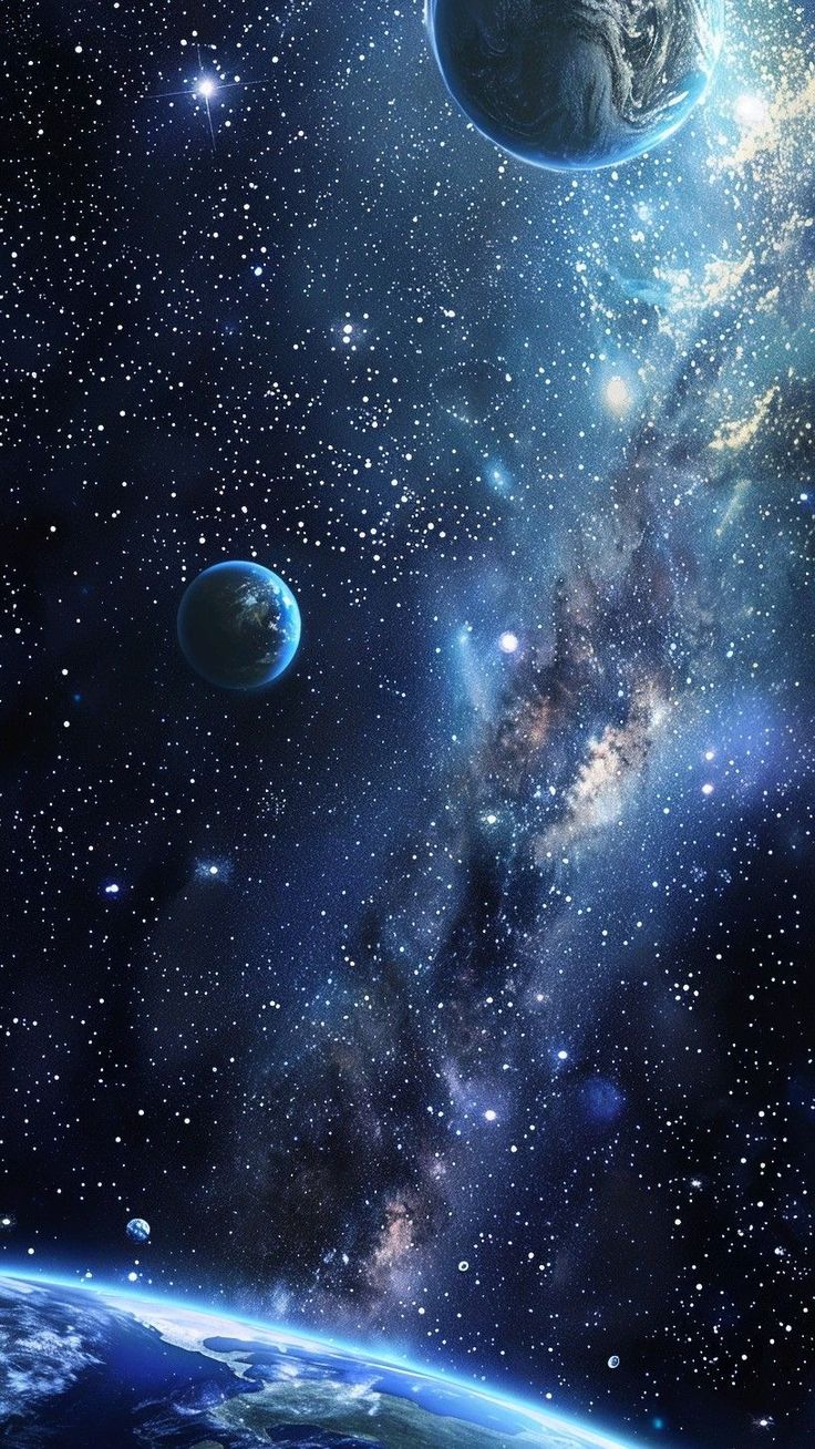 an artist's rendering of planets and stars in outer space, with the earth visible