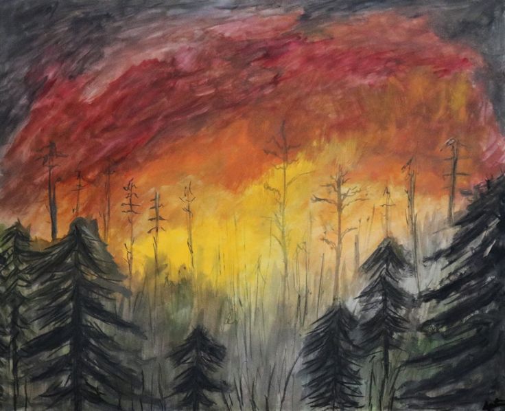 an image of a painting with trees in the foreground and a red sky behind it