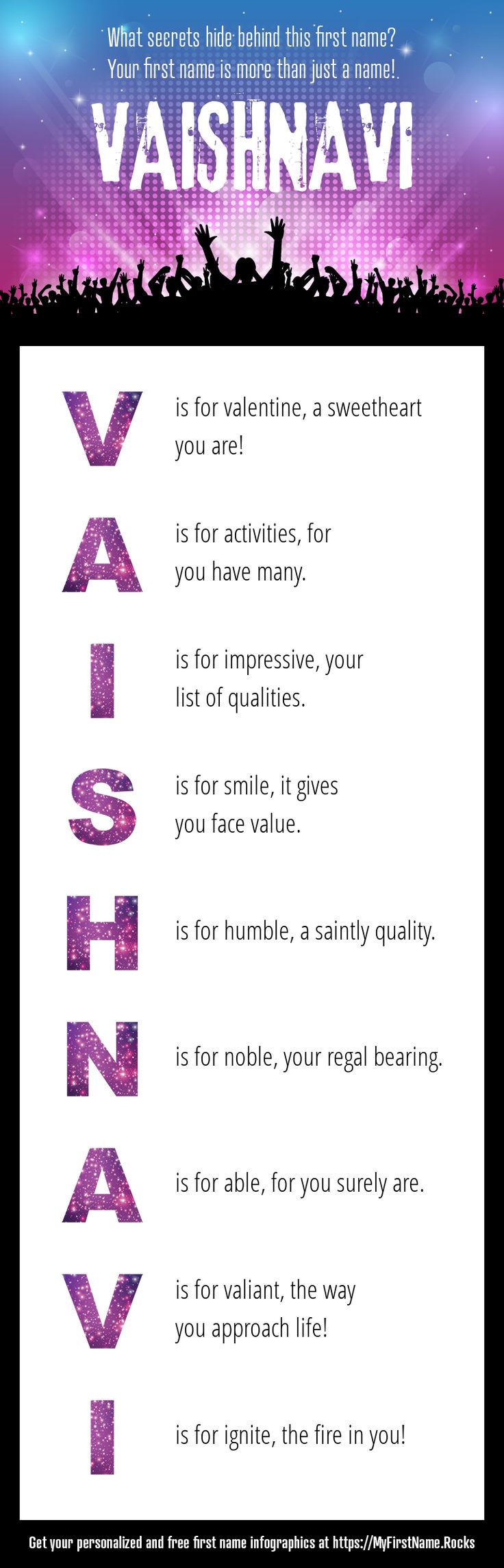 a poster with the words vaishnavi written in purple and pink letters on it