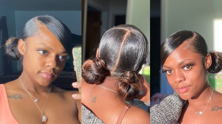 Two Buns With Swoop Weave, Low Bun With Swoop Natural Hair, Swoop Two Ponytail Weave, Two Bun With Swoop, Swoop Two Low Buns, Two Low Buns With Swoop Natural Hair, Two Low Ponytails With Swoop, Swoop With Two Buns, Two Low Buns Natural Hair