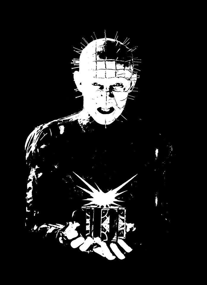 a black and white image of a person holding a box with claws on his face