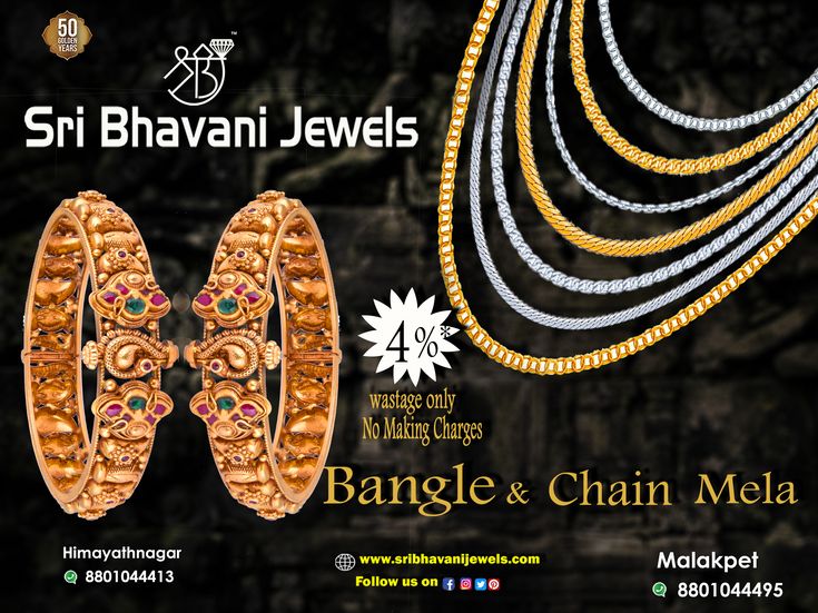 Our jewelry is a piece of art, that you will grow in love with. Make a statement with our dazzling jewelry collection. Visit our stores to explore our #banglechain Mela collection with '4%wastage and No Making Charges'.  #Gold #jewellery #latestgoldjewellery #jewellerydesigns #banglemela #chainmela #southindianjewellery #hallmarkjewellery #22kgold #traditionaljewellery #finejewellery #sribhavanijewels #hyderabad Latest Gold Jewellery, Dazzling Jewelry, South Indian Jewellery, 22k Gold, Gold Jewellery, Hyderabad, This Weekend, Jewelry Collection, Jewelry Design