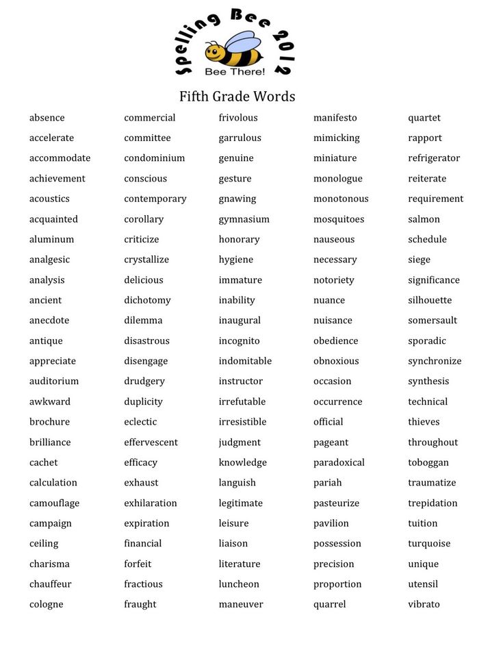 words that are in the word list for fifth grade and fourth grade students to use