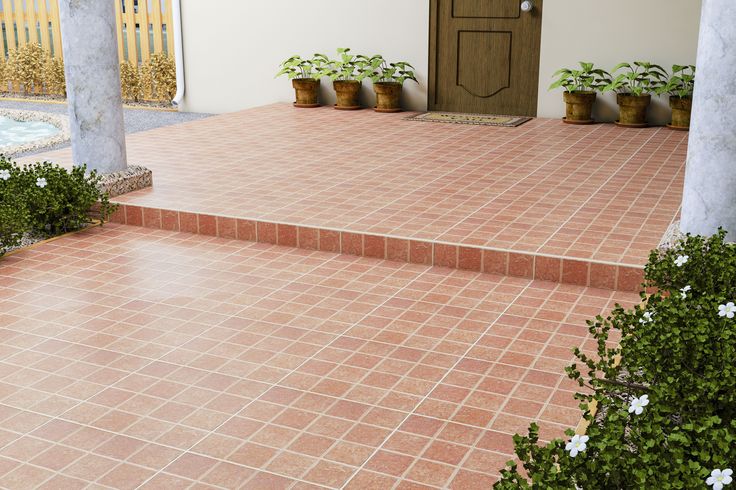 a tiled patio with potted plants next to it and a wooden door in the background