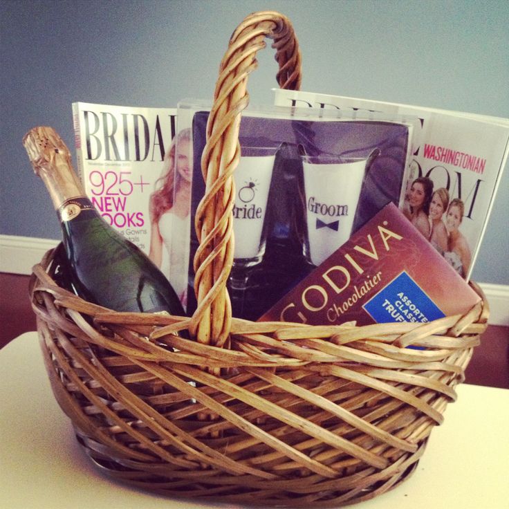 a wicker basket filled with bottles of champagne and personal care products sitting on a table