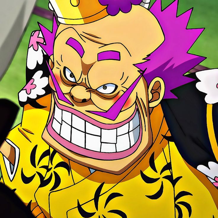 an animated image of a man with purple hair and big eyes wearing a yellow outfit