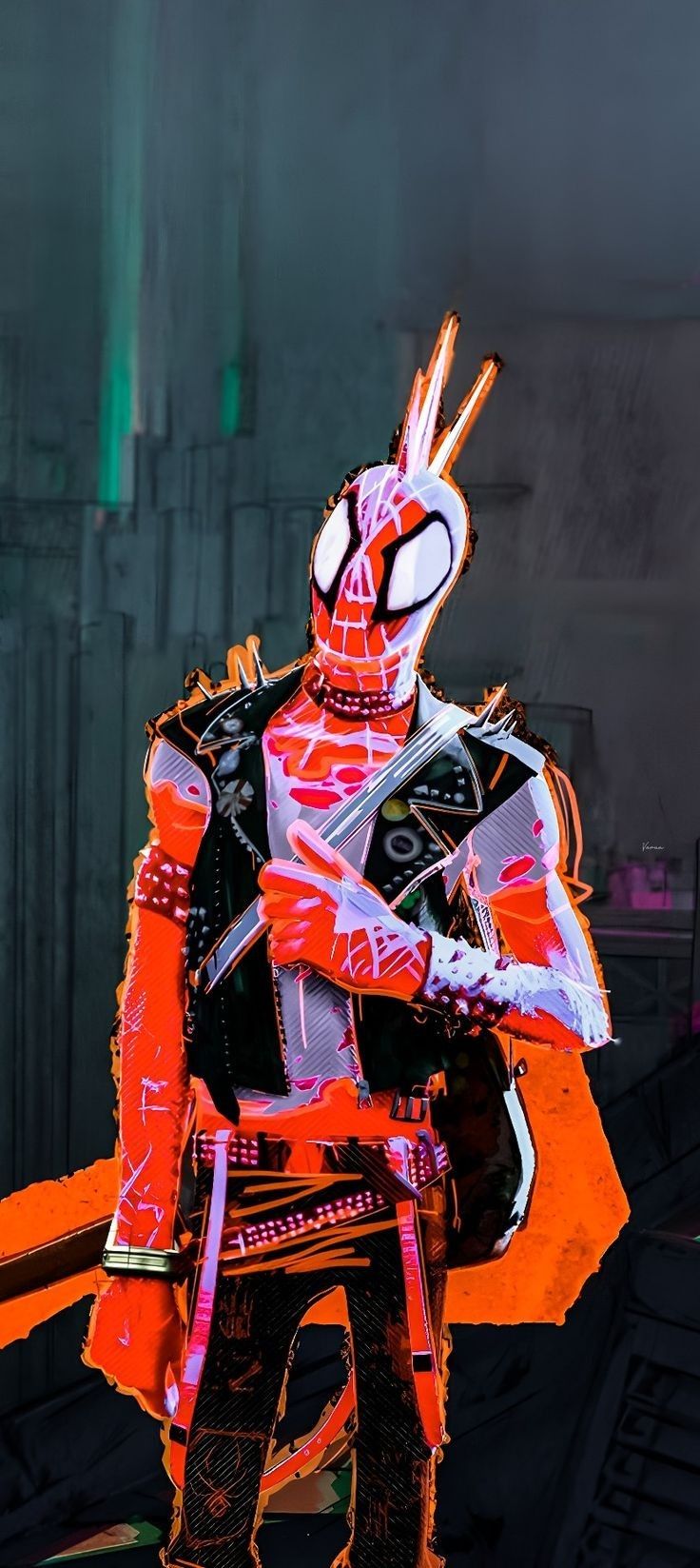 a man dressed as deadpool standing in front of an orange and black background