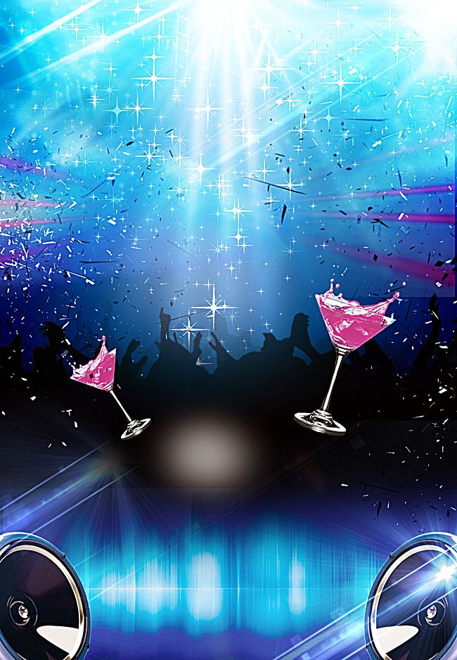 two martinis are sitting in front of a blue and purple background with speakers on it