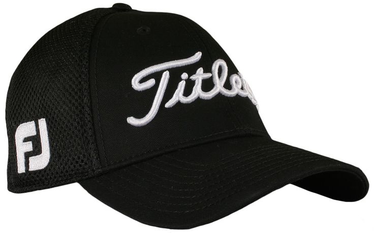 a black and white hat with the word title printed on it's front side