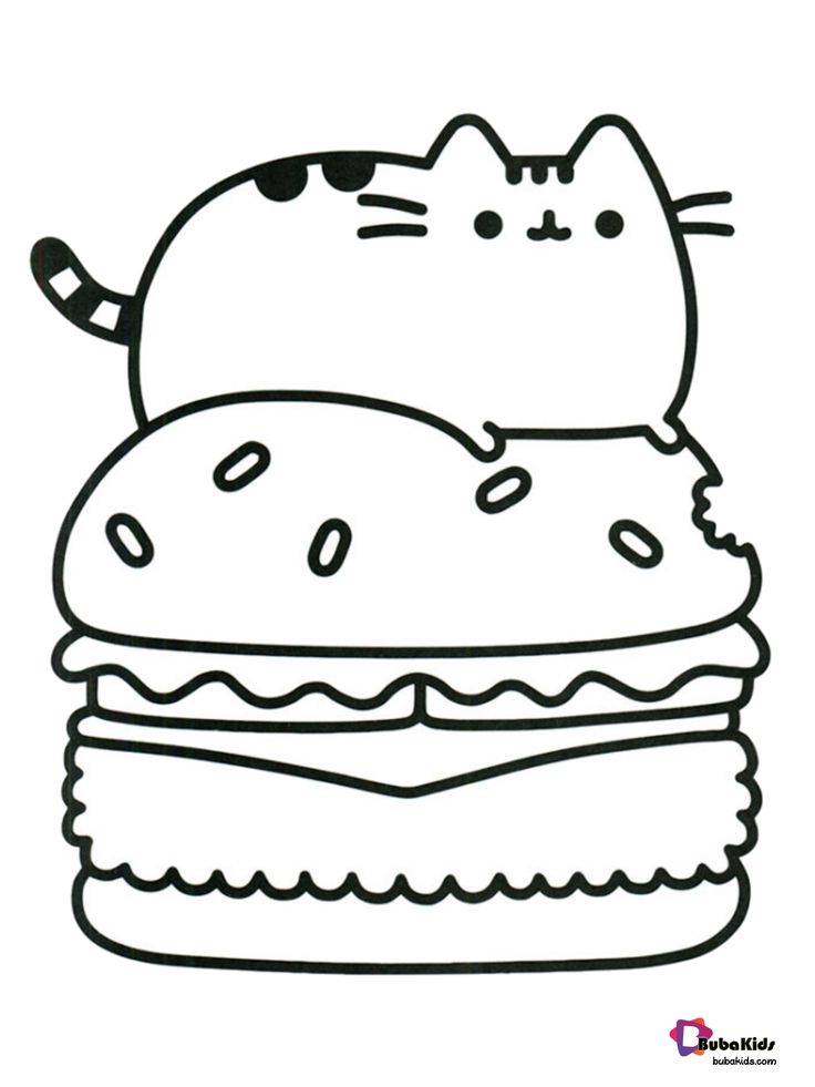 a black and white drawing of a cat sitting on top of a giant hamburger with sprinkles