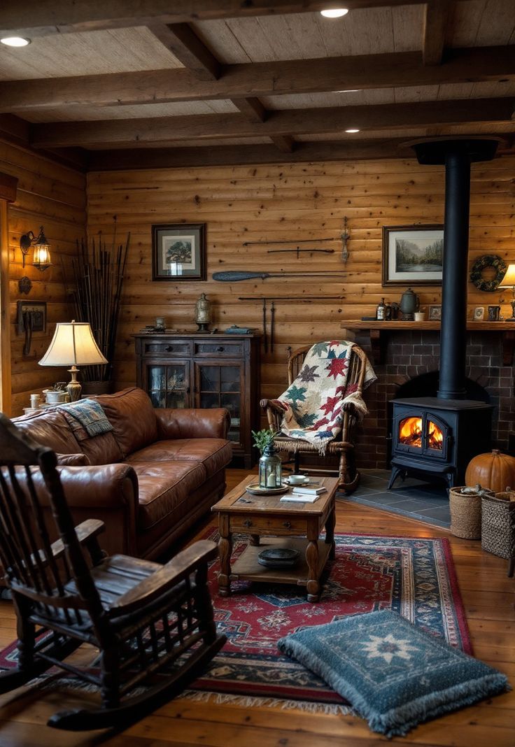 Rustic Living Room Rustic Cabin Renovation, Log Cabin Style Living Room, Farm Cabin Decor, Cozy Cabin Living Room Rustic, Cozy Wooden Living Room, Cozy Cabin Basement, Western Cabin Living Room, Old Rustic Cabin Interiors, Cozy Barndominium Living Room