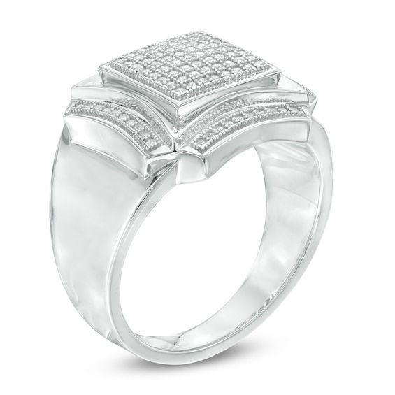 This contemporary diamond fashion ring is a mesmerizing look. Crafted in sterling silver, this bold style features a squared composite of shimmering diamonds bordered with curved ribbons of diamonds. The stepped shank lends interest to the design. Radiant with 1/3 ct. t.w. of diamonds, this comfort-fit ring is finished with a polished shine. Custom-made to fit his ring size. Sterling silver rings cannot be resized after purchase. Modern Silver Diamond Ring With Pave Setting, Modern Diamond White Diamond Ring With Pave Setting, Modern Diamond White Ring With Pave Setting, Modern Square Cut Cubic Zirconia Diamond Ring, Modern Rectangular Diamond Ring With Single Cut Diamonds, Modern Cubic Zirconia Diamond Ring With Square Cut, Modern Diamond White Square Cut Diamond Ring, Modern Princess Cut Diamond Ring With Accents, Modern Diamond Ring With Pave Setting