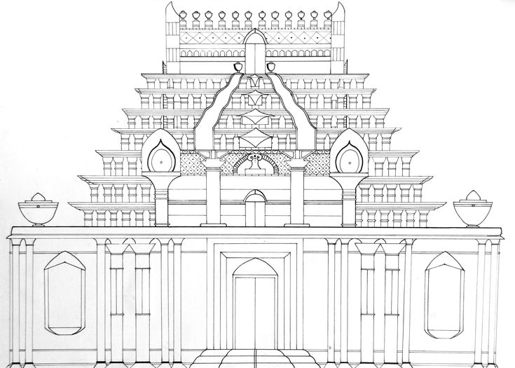 an architectural drawing of a building with columns and arches