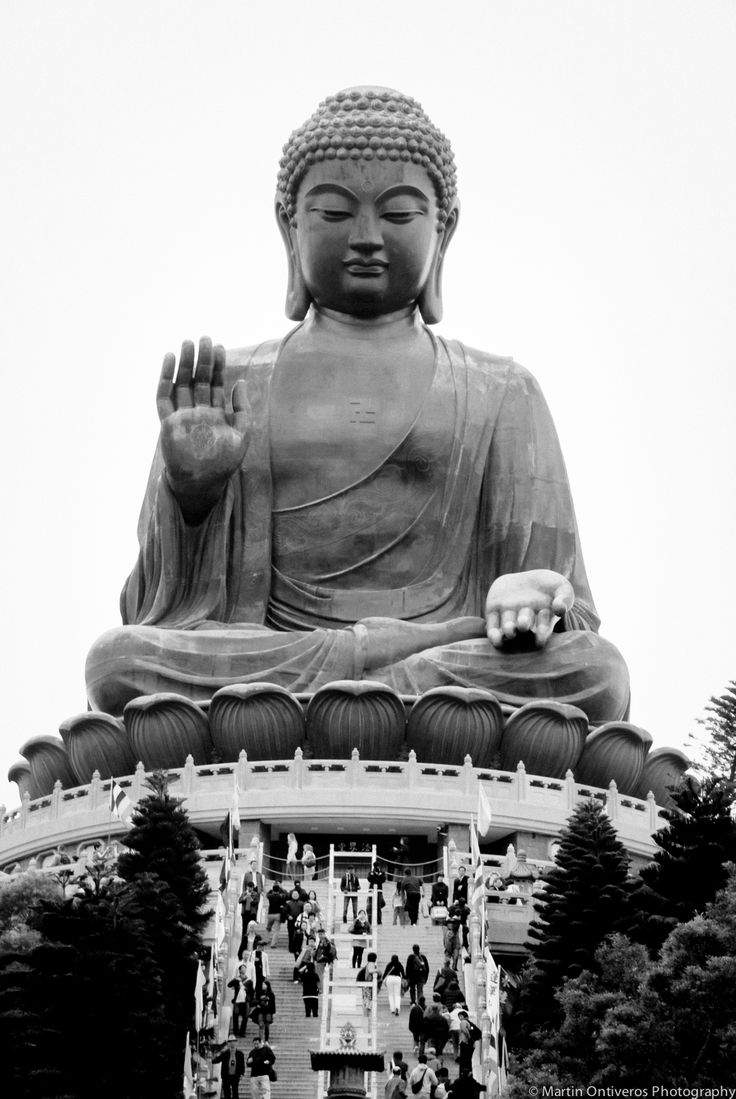 a large buddha statue sitting on top of a lush green field