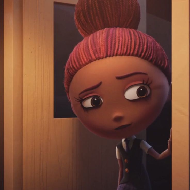 an animated character with red hair and big eyes standing in front of a door, looking at the camera