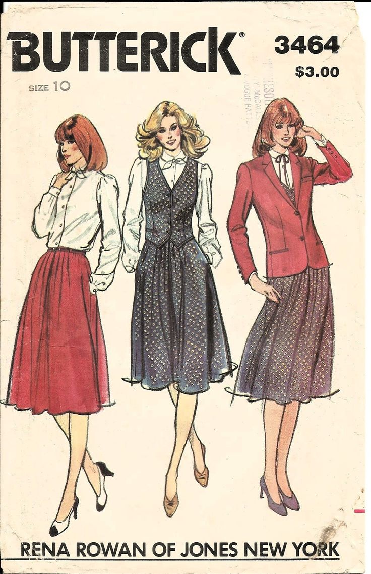 Butterick 3464, Size 10 Measurements - Bust 32½", Waist 25", Hip 34½"  Jones New York started in the mid-60's with a focus on classic clothes for the working woman blazing new paths. Rena Rowan was not only a designer; she WAS the modern working woman with her role as an executive at Jones New York. Butterick 3464 is a beautifully tailored suit with a full skirt, traditional button front vest and button front lined jacket. Make yourself a little piece of working woman history! Misses' Jacket Vest & Skirt: Loose-fitting lined jacket with purchased shoulder pads has notched collar and lapel, front buttoned closing, upper welt pocket, buttonhole pockets and full length sleeves with button trim. Semi-fitted lined vest has V-neckline, front buttoned closing, cut away armholes, buttonhole pocket Vintage Vest Pattern, Retro Long Sleeve Skirt Suit For Tailoring, Pocket Buttonhole, Skirt Traditional, Executive Woman, Vest Skirt, Mid Century Fashion, Classic Clothes, 20th Century Fashion