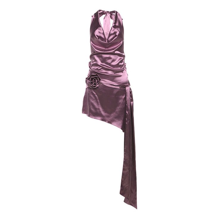 Indulge in elegance with our French-Inspired Satin Dress, a sophisticated piece that exudes luxury and allure. Crafted from polyester and spandex, this dress features a snug, bodycon fit that accentuates your curves. The halter tie-up design and sexy deep V-neck backless detail add a touch of sensuality, while the pleated ensemble and irregular hem offer a unique flair. Complete with waist floral embellishment and satin ribbon decor, this dress is perfect for commuting, daily wear, holiday festi Collar Neck Dress, Socialite Style, Purple Satin, Spring Women, Satin Mini Dress, Halterneck Dress, High End Fashion, Types Of Skirts, Club Dresses