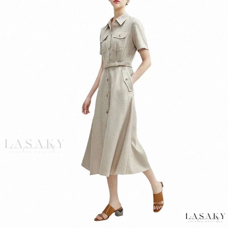 Lasaky - Artistic Linen Blend Shirt Dress with Long Skirt Elegant A-line Shirt Dress With Pockets, Elegant Summer Dress With Pockets, Elegant Short Sleeve Shirt Dress With Pockets, Elegant Khaki Summer Dresses, Summer Collared Khaki Shirt Dress, Summer Collared Shirt Dress In Khaki, Short Sleeve Maxi Dress With Pockets For Day Out, Elegant Khaki Dress For Daywear, Maxi Length Shirt Dress For Summer Workwear