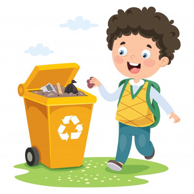 a little boy throwing garbage into a yellow trash can with a recycler