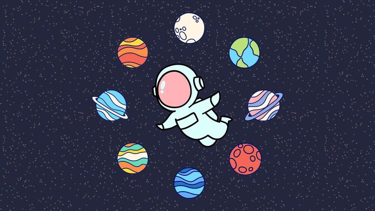 an astronaut floating in the space surrounded by planets and other colorful objects on a dark blue background