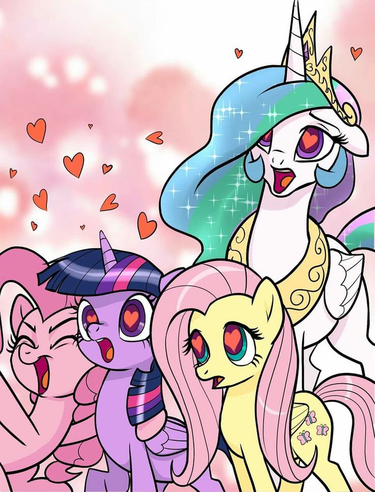 the four ponies are all dressed up for valentine's day with hearts in the background