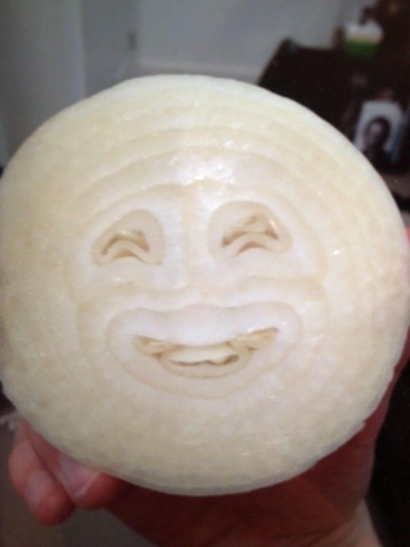 a person holding an onion with a smiley face on it