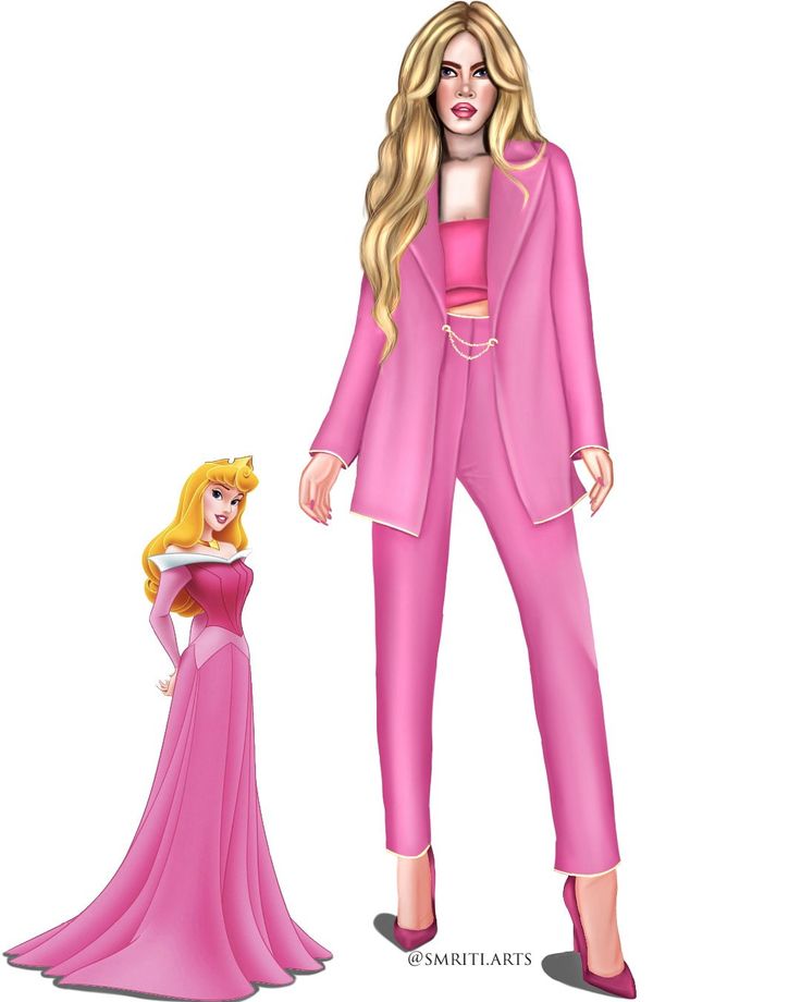 a woman in pink is standing next to a barbie doll wearing a pink dress and jacket