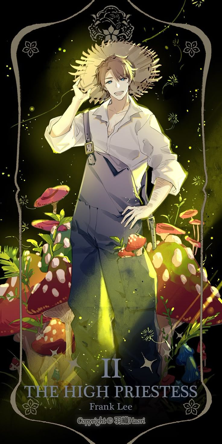 an anime character is standing in front of mushrooms and plants with the caption, i'm the high priestess