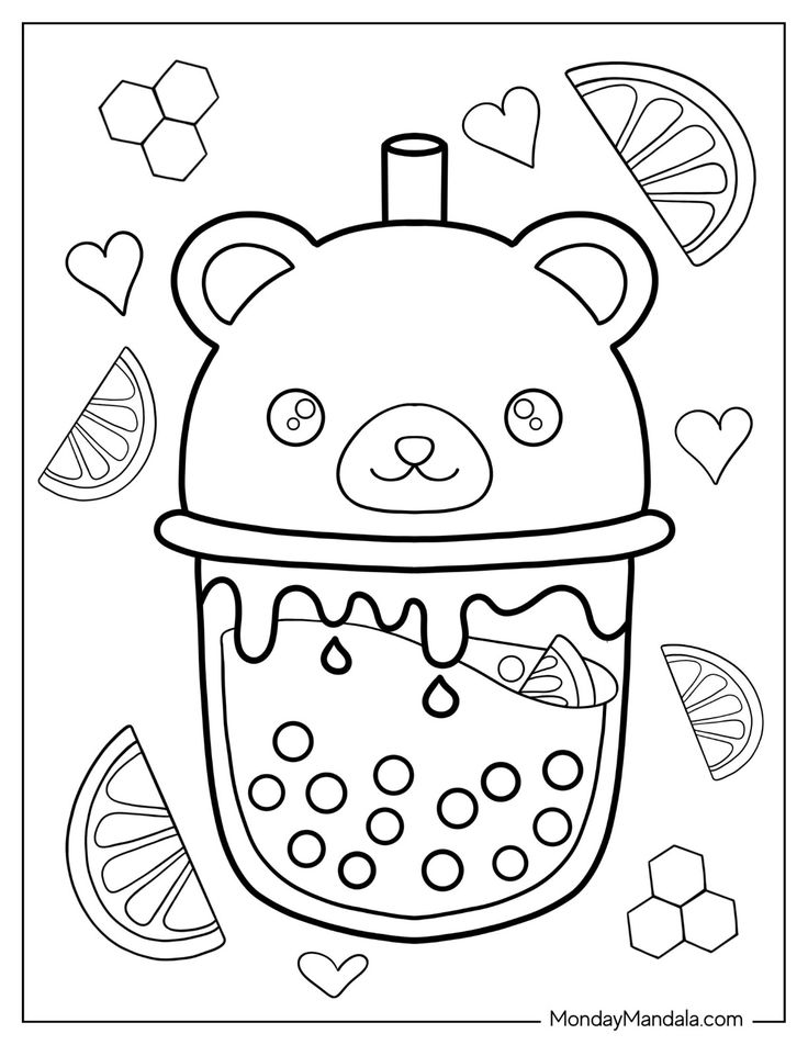 a coloring page with an image of a bear in a ice cream sundae and hearts