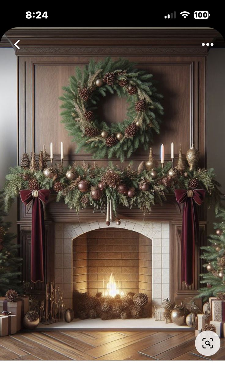 a fireplace decorated with christmas wreaths and candles