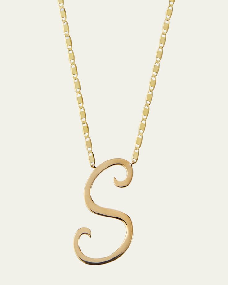 LANA initial pendant necklace. 14karat yellow gold flatlink chain. Integrated uppercase initial in cursive. Approx. 18"L; 1"L x 0.9"W pendant (varies by letter). Imported. 14k Gold Name Necklace With Initial Pendant, Custom Yellow Gold Necklace With Initial Pendant, Custom 14k Gold Initial Pendant Necklace, Gold Initial Necklace With Cable Chain, Yellow Gold Monogram Initial Necklace, Gold Initial Pendant Name Necklace With Cable Chain, Yellow Gold Initial Pendant Name Necklace With Cable Chain, Gold Name Necklace With Initial Pendant On Cable Chain, Sterling Silver Monogram Initial Necklace