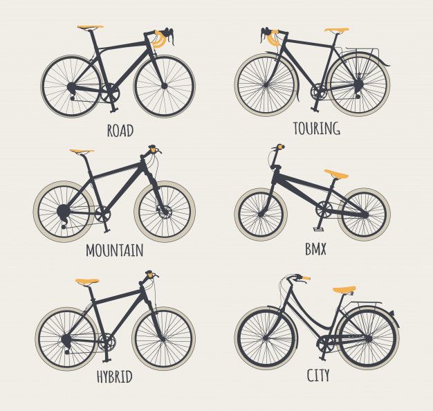 different types of bicycles in black and white, with the names on each ...