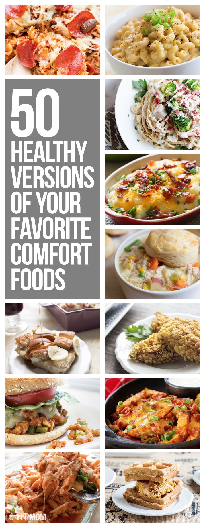 the cover of 50 healthy versions of your favorite comfort foods, with pictures of different types of food