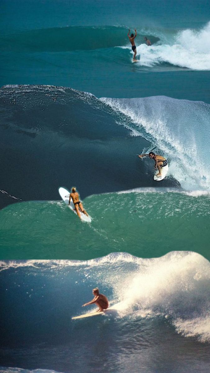 three surfers are riding large waves in the ocean