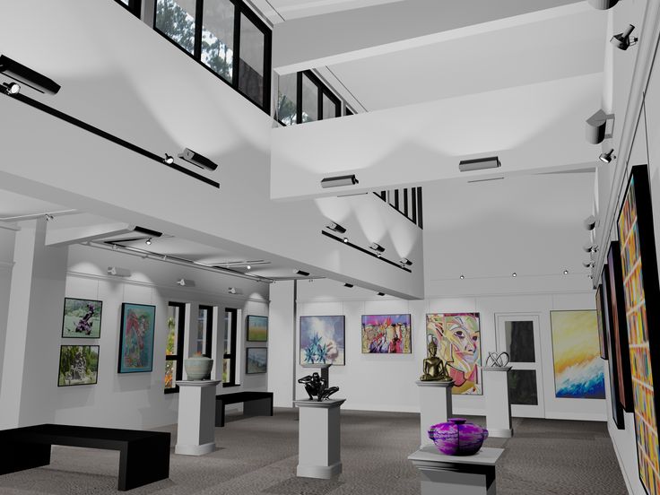 an artist's rendering of the inside of a building with paintings on the walls