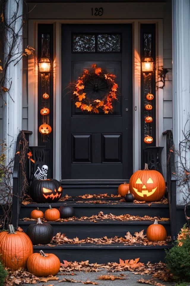 pumpkins are sitting on the steps in front of a door with lights and decorations