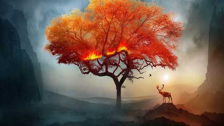 a deer standing in front of a tree with flames coming out of its trunk and antlers on it