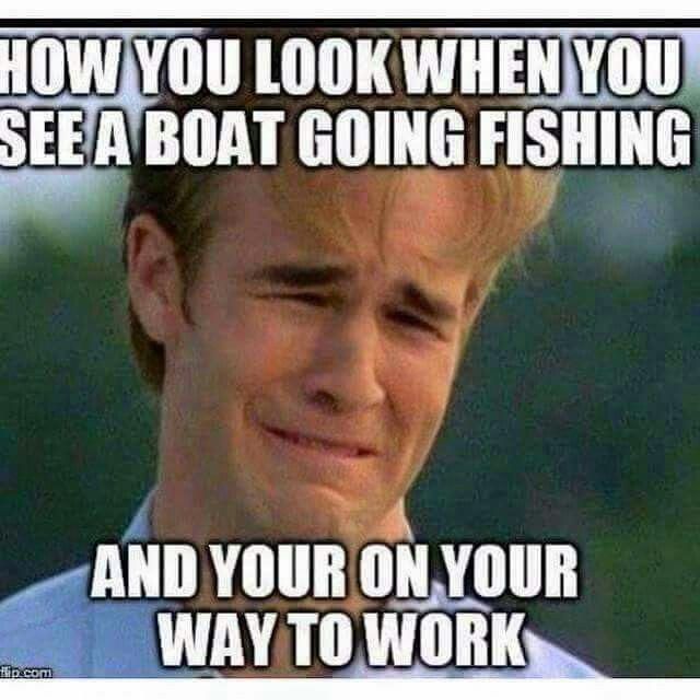 a man smiling with the caption how you look when you see a boat going fishing and your on your way to work