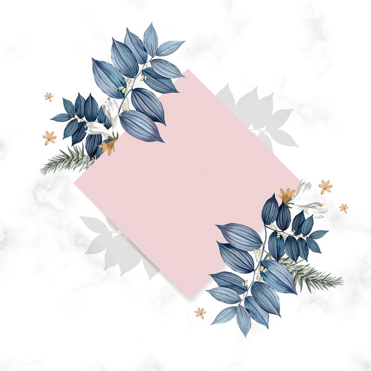 a pink paper with blue flowers and leaves around it on a white marble table top