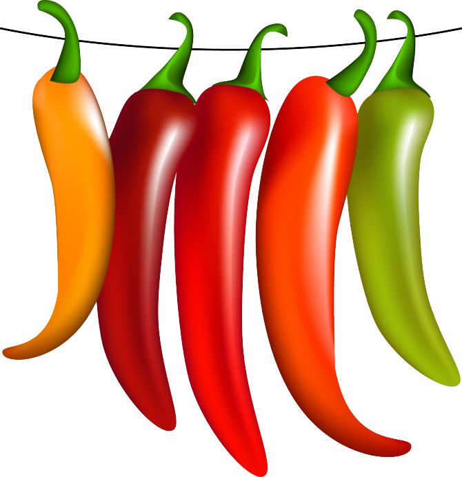 three peppers hanging on a clothes line with one red, one green and one orange