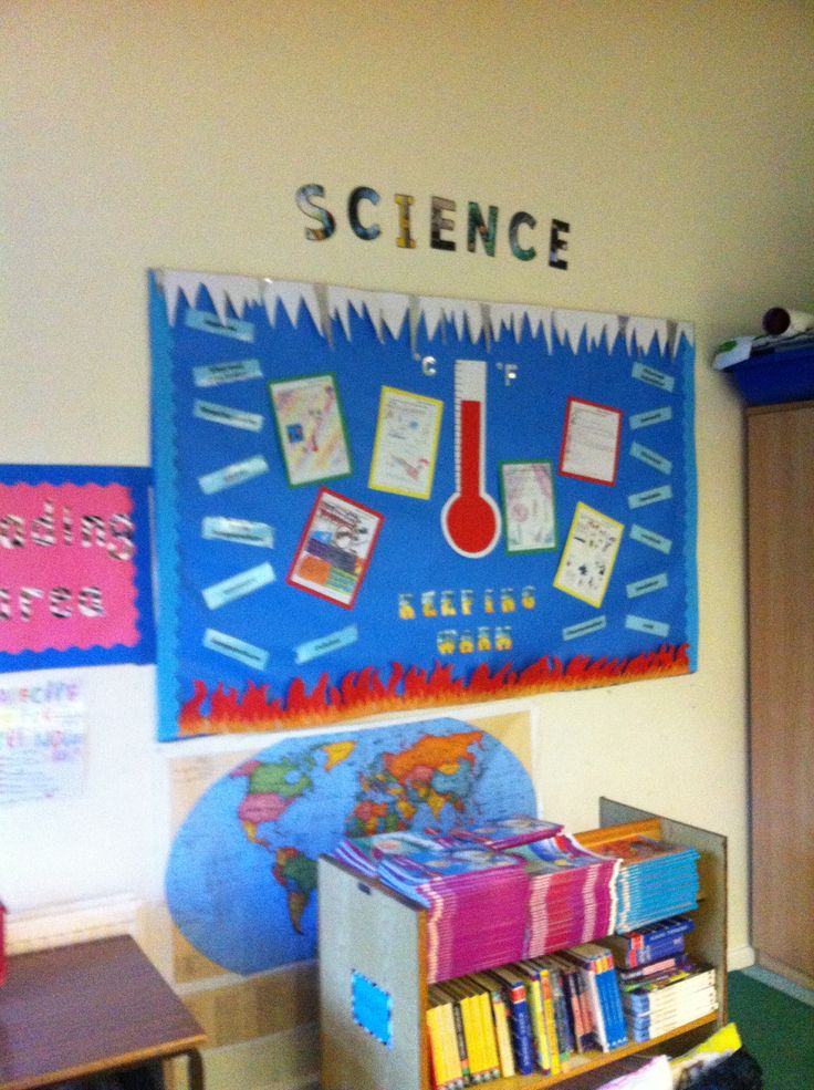 a classroom with bookshelves, desks and a science poster on the wall