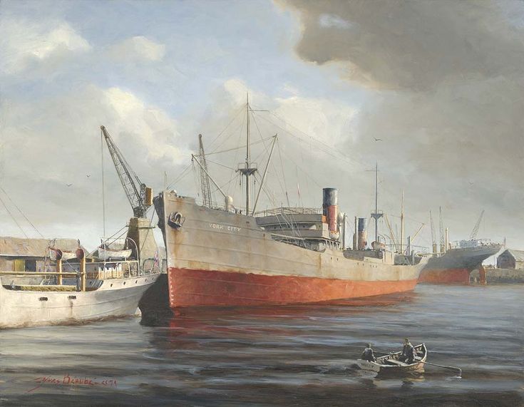 two boats in the water next to each other near a large ship and another smaller boat