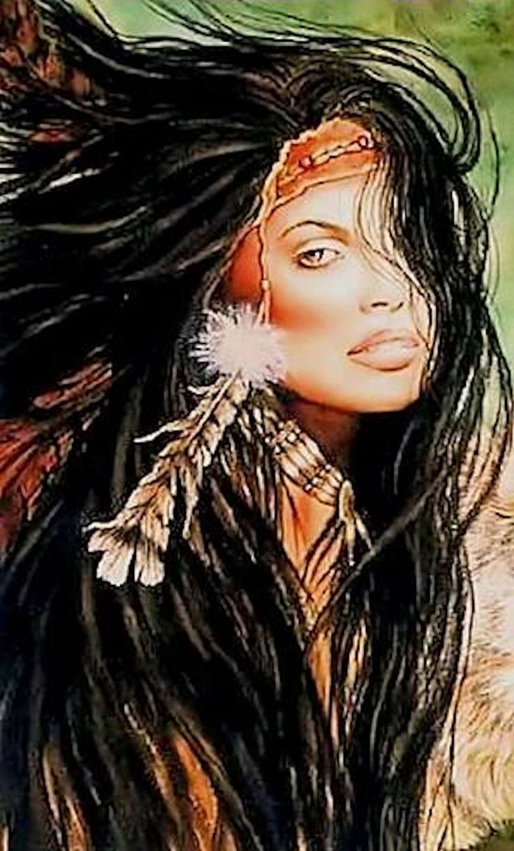 an artistic painting of a woman with long hair and feathers on her head, looking into the distance